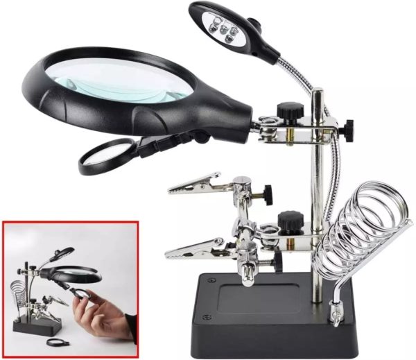 Third Hand, Welding Magnifying Glass 5 led Auxiliary Clip Magnifier 3 In 1 Hand Soldering Solder Iron Stand Holder Station